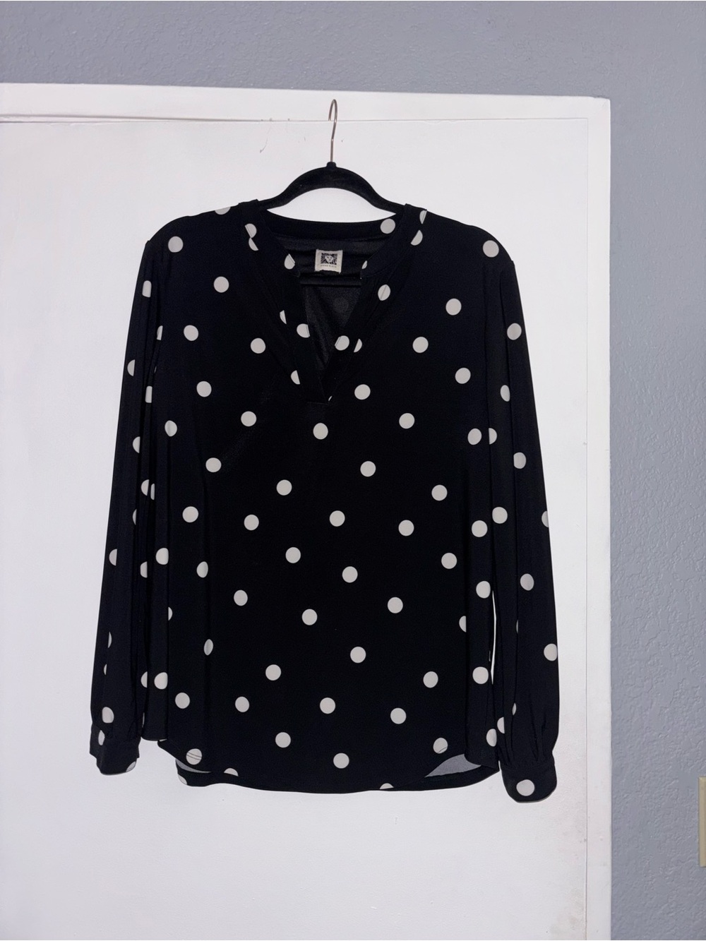 Anne Klein Black Blouse with White Polka Dots